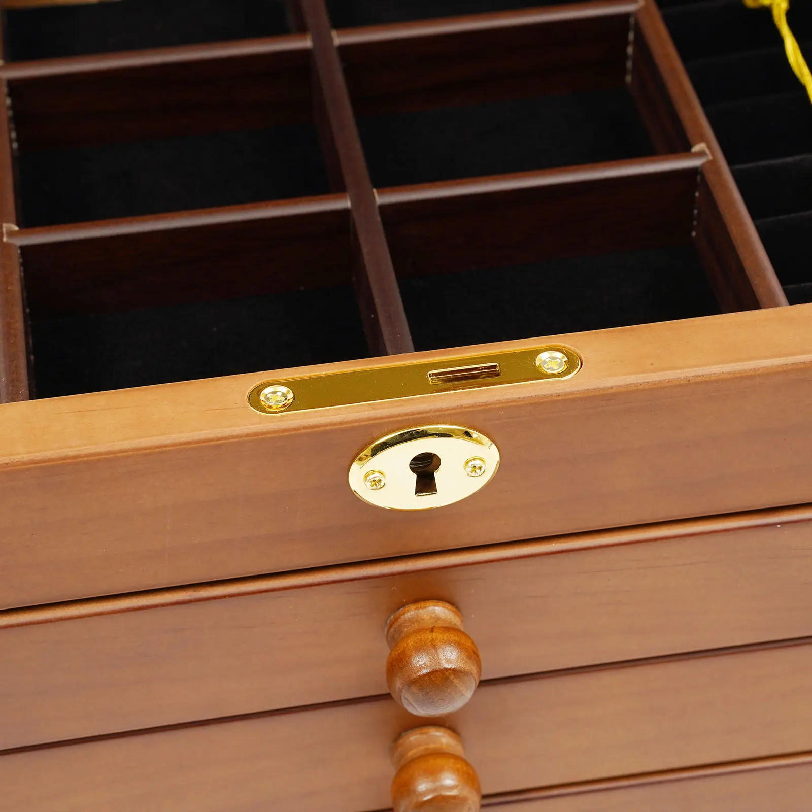 6-lagige braune Schmuckschatulle aus Holz, 29,5 x 18,5 x 25 cm, mit Spiegel-Sicherheitsriegel, zum Aufbewahren von Anhängern, Armbändern, Broschen und Halsketten – Detail 12