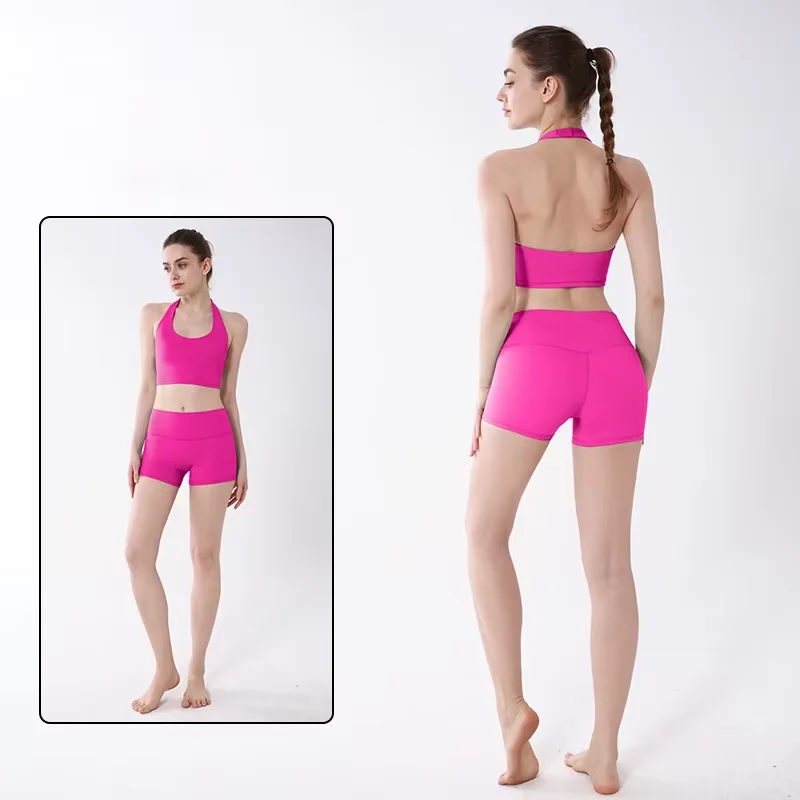 Sommer Damen Yoga-Shorts-Set mit Neckholder-Top, atmungsaktivem Yoga-BH, High-Waist-Hüftlift-Shorts, Fitness-Lauf-Sportanzüge