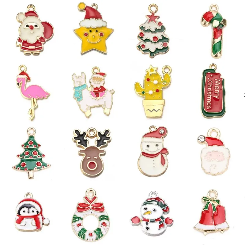 10pcs/lot Alloy Drip Oil Pendant Santa Claus Snowman Christmas Tree Charm Pendant For DIY Men Women Earrings Necklace Party Gift