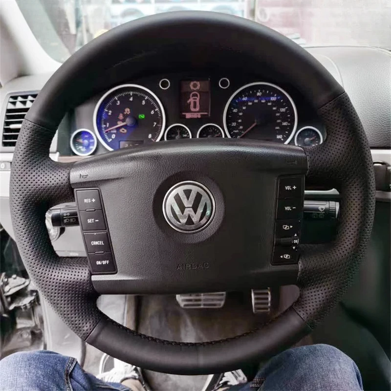 Hand Stitched non-slip black Genuine Leather car Steering Wheel Cover For Volkswagen VW Touareg Phaeton 2002-2010