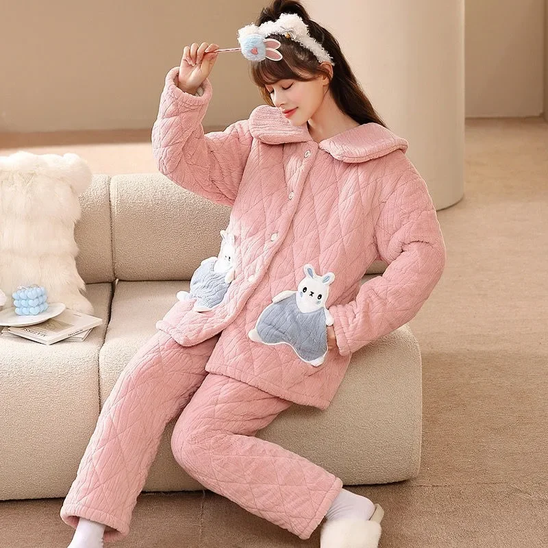 

2024 New Pajamas Three Layers Cotton Sleepwear Plus Fleece Thick Loungewear Women Coral Velvet Warm Autumn Winter Homewear Suit