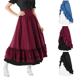 Retro Medieval Gothic Women Skirt High Waist Irregular Ruffle Hem Victorian Dress Lady Maxi Skirt Stage Show Performance Skirt