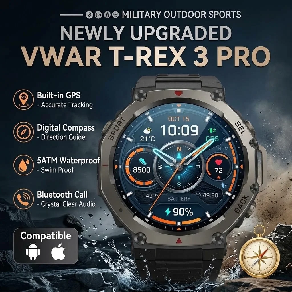 VWAR T-Rex 3 Pro Military Grade Smart Watch 1.43-inch AMOLED Built-in GPS 5ATM Waterproof Compass Bluetooth Call Smartwatch NEW