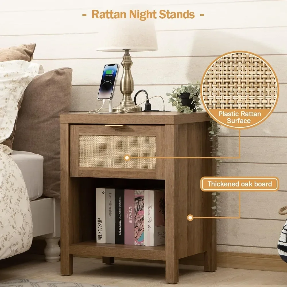 Rattan Nightstand Farmhouse Night Stands with Charging Station Bedside Table with Drawer Boho End Table with image 4