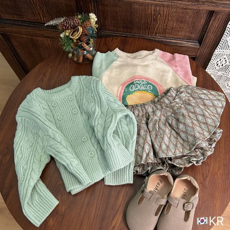 Korea Baby Girl Clothes Cute Bread T-shirt Floral Culottes Green Sweater Coat 3-piece Set Toddler Kawaii Outfit Set Princess