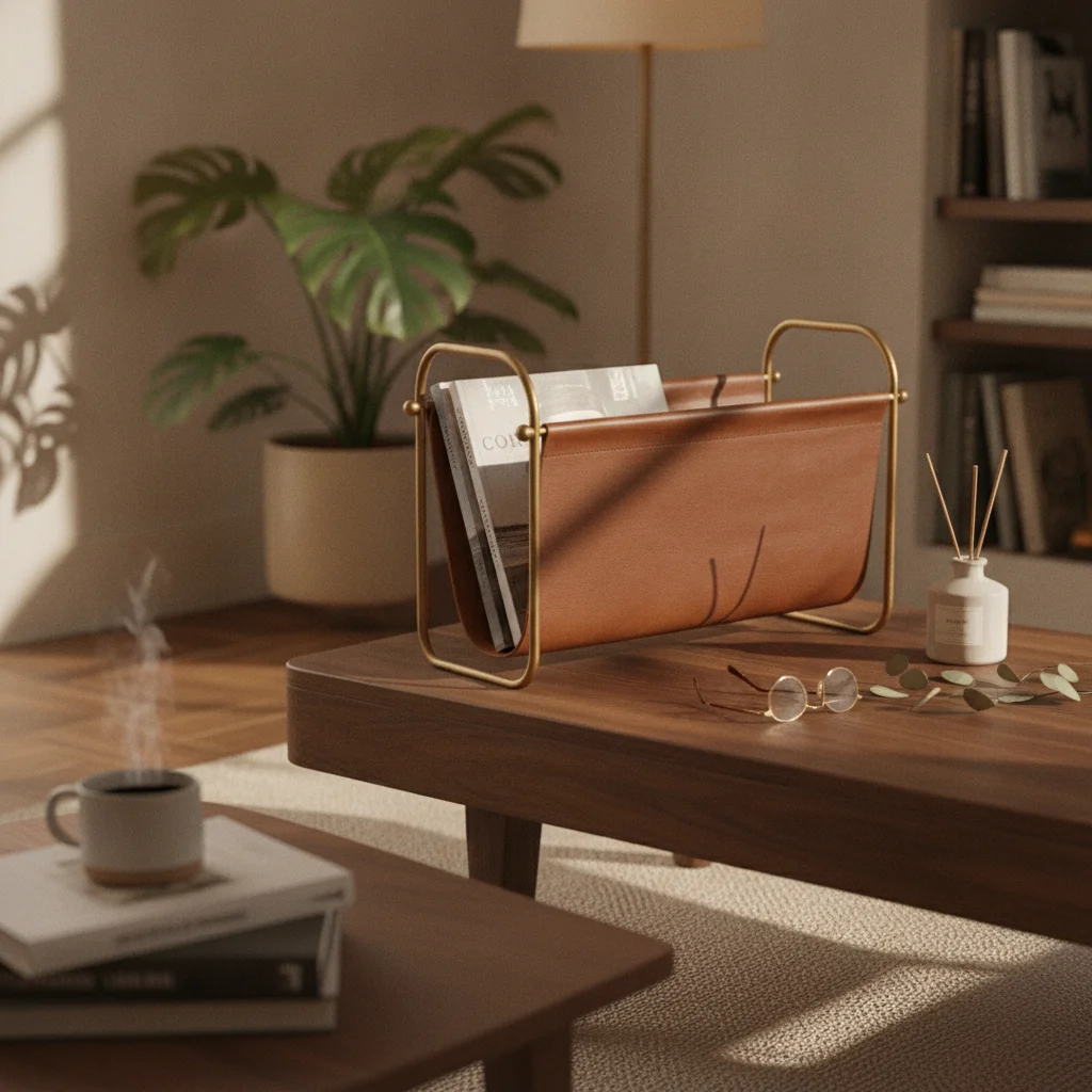 Magazine Holder with Leather Pocket Sleek Floor-Standing Magazine Rack Newspaper Stand with Metal Frame Minimalist Slim
