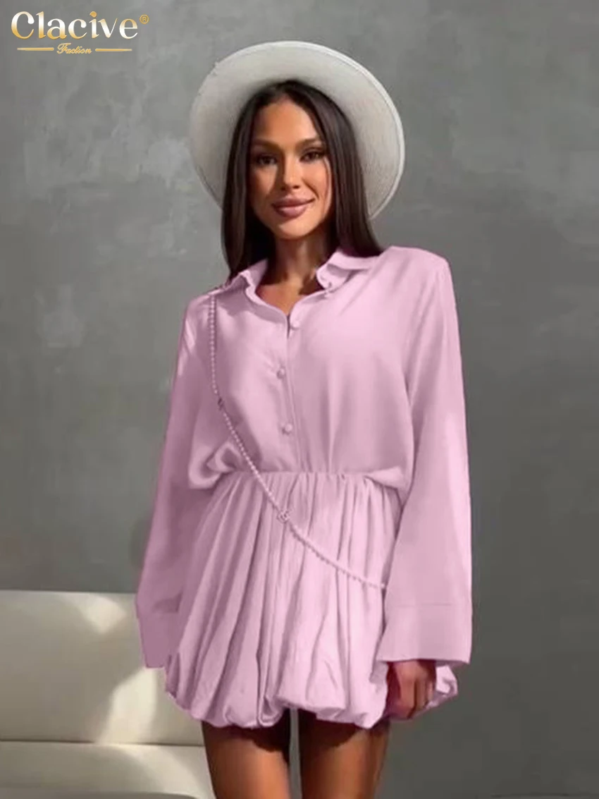

Clacive Fashion Loose Blue 2 Piece Set Women Elegant Long Sleeve Shirt With High Waist Pleated Mini Skirt Set Female Clothing