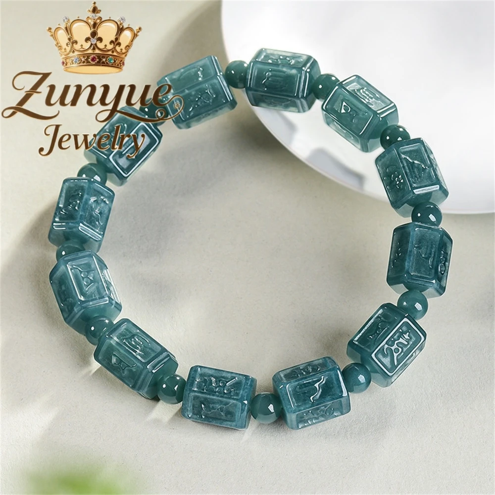 Genuine Natural Grade A Icy Blue Water Jadeite Multi-Side Pattern Barrel Bead Bracelet  3D Carved Chinese Stly Fine Jewelry Gift