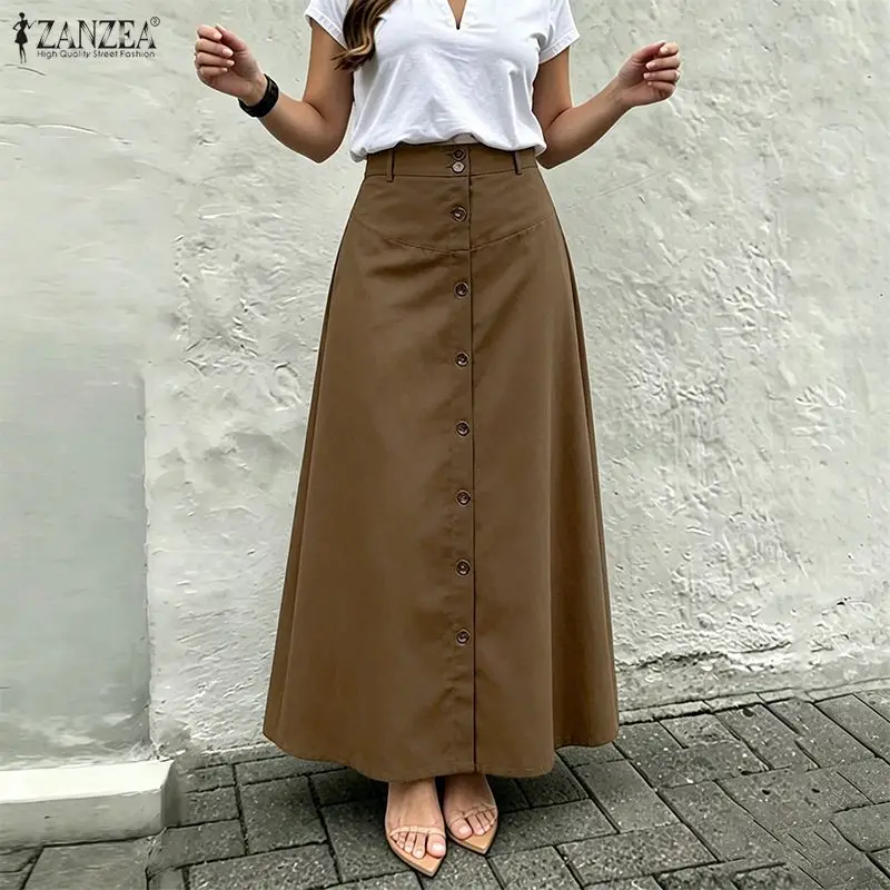 

ZANZEA Summer Overskirts Elegant Women OL Work Skirts A-line Buttons Up Maxi Long Skirt Casual Solid Loose Faldas Saia Jupe Robe