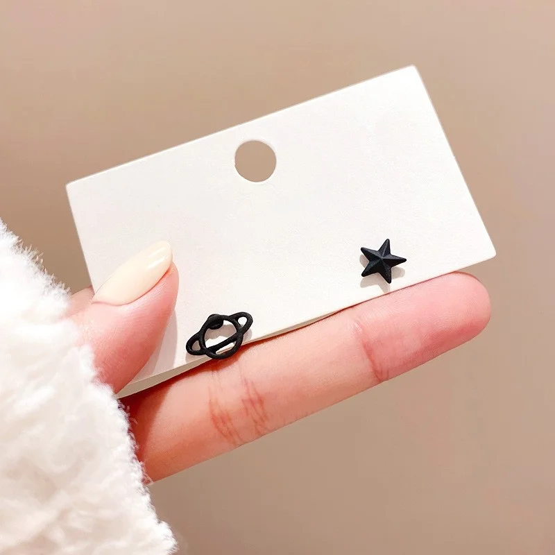 Unisex Mini Black Space Star Earrings for Women Men Korean Asymmetric Small Cute Metal Stud Earrings Fashion Jewelry Wholesale