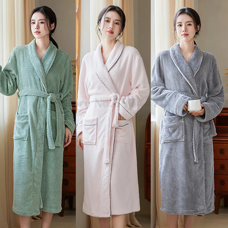 

Women's Autumn Winter Flannel Robe Lapel Collar Long Sleeved Nightgown Comfort Warmth Bathrobe Female Loose Casual Home Wear