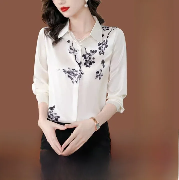 

Silk Women's irt Long Sve Design Sense Tagl Japanese Sle Floral Pattern Straight Cut Collar Button C...