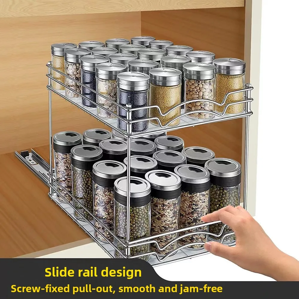Multi-Tier Sliding Spice Rack Organizer， Space-Saving Kitchen Cabinet Shelf for Bottles， Maximizes Under Sink & Corner Storage