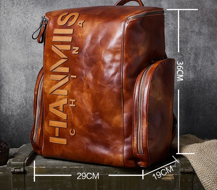 3D Lettering New Leather Men\'s Backpack Men Laptop Shoulder Bag Bucket Bag Male Travel Backpacks Retro First Layer Leather