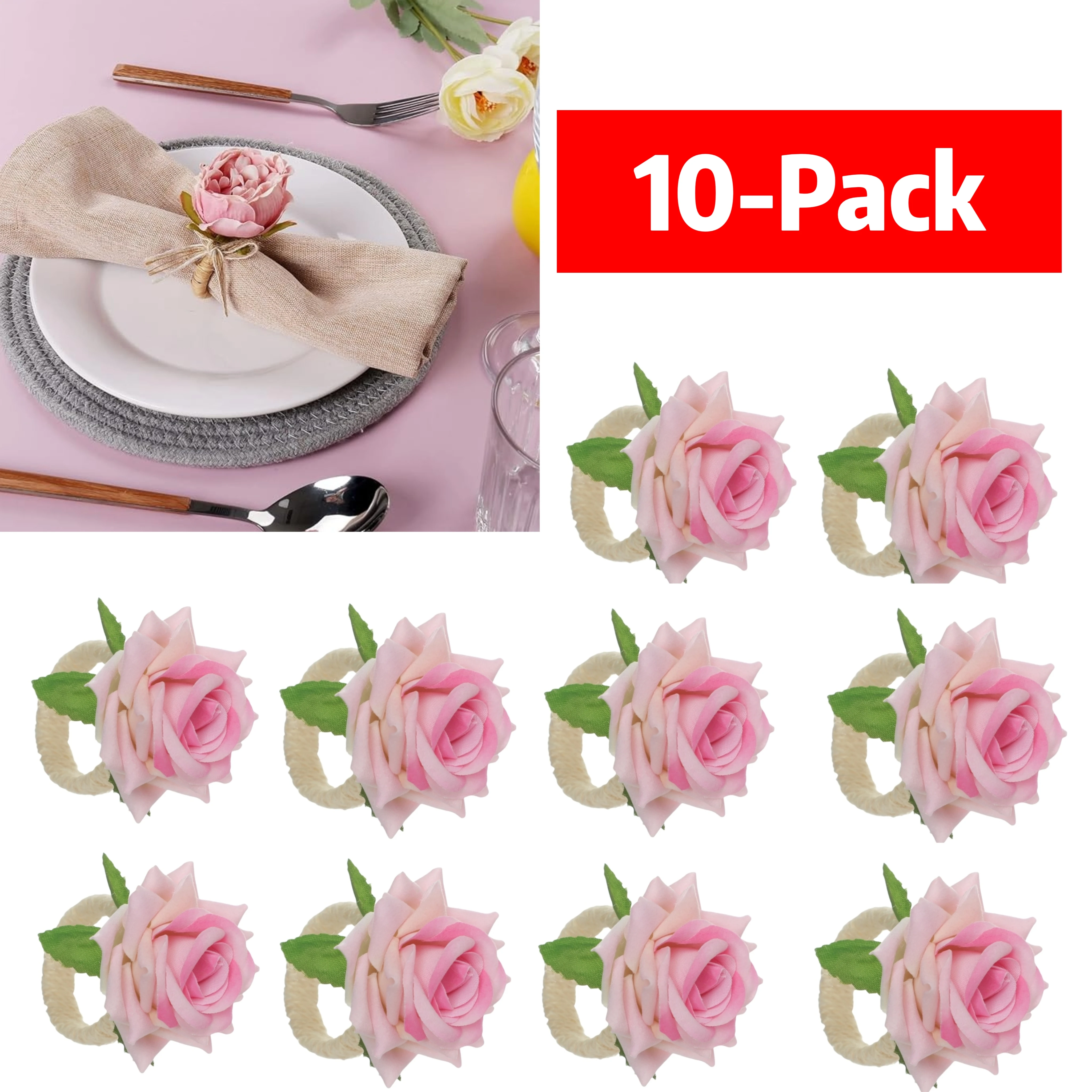 10-Pack Pink Rose Napkin Rings , Handmade Napkin Holder Rings Table Decorations for Wedding,Fall,Daily Party,Picnics,Banquet