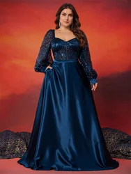 Lucyinlove Plus Size Luxury Blue V-Neck Sequin Evening Dress Elegant Women Party Maxi Dress Long Sleeve Cocktail Dress Prom Gown