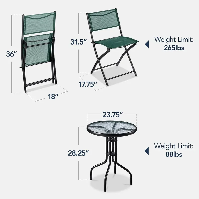 3-Piece Patio Bistro Dining Furniture Set w Textured Glass Tabletop 2 Steel Folding Chairs Polyester Fabric Dark Green