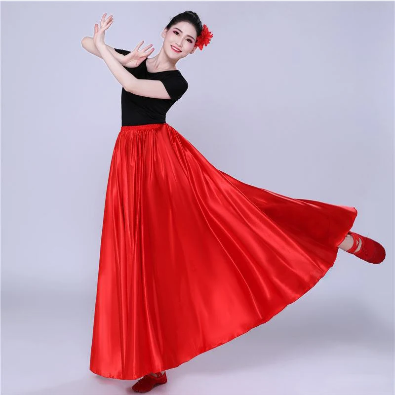 Glanzend satijnen lange Spaanse rok Swing-dansrok Buikdansrok Zonrok 14 kleuren beschikbaar VL-310
