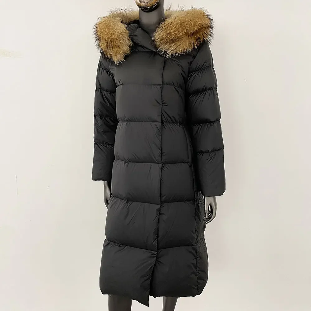 CXFS 2025 겨울 여성 코트 리얼 천연 여우털 칼라 두꺼운 따뜻한 롱 재킷 캐주얼 화이트 덕다운 벨트 신상 후드 아우터