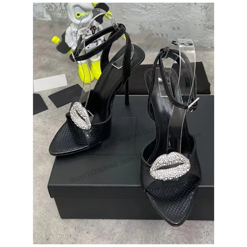 Black Crystal Metal Lip Decor Sandals Stilettos High Heel Shoes for Women Ankle Buckle Strap Pointed Toe Sexy Zapatillas Mujer