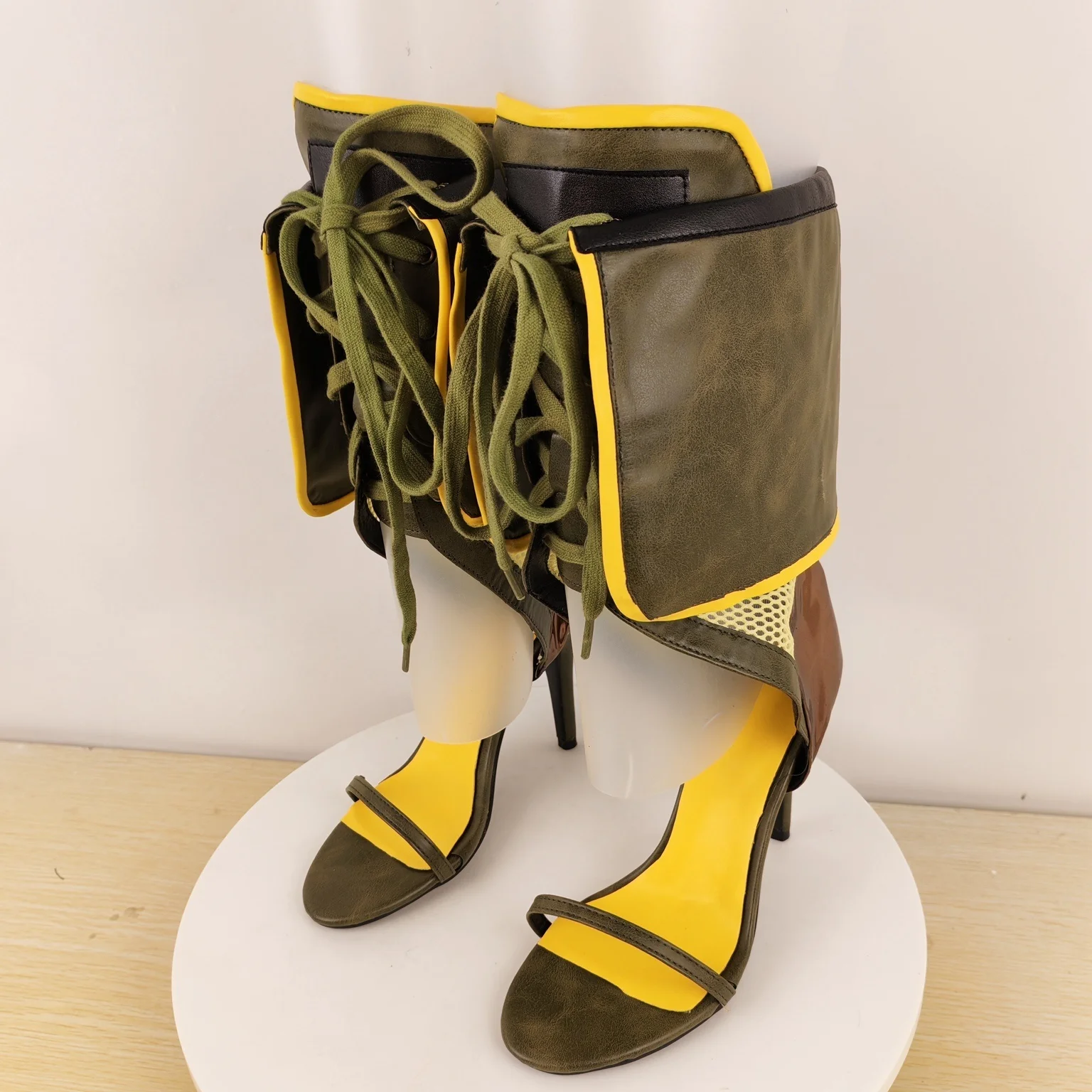 Women Olive Green Knee-High Heeled Sandals Foldover Cuff with Fringed Lace-Up Detail for Festivals Cosplay Bold Utility Fashion