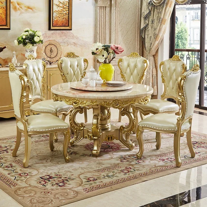 

Luxury Golden Marble Dining Set with Premium Solid Wood Table and Six Elegant Chairs - Ideal for Restaurants or Home Decor