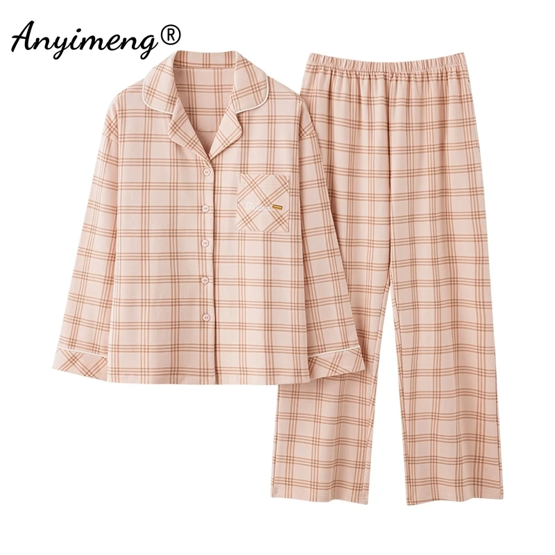 Autumn Winter Faux Cotton Sleepwear Long Sleeves Long Pants Homewear Fashion Women Pajamas Turn-down Collar Pajama for Girl