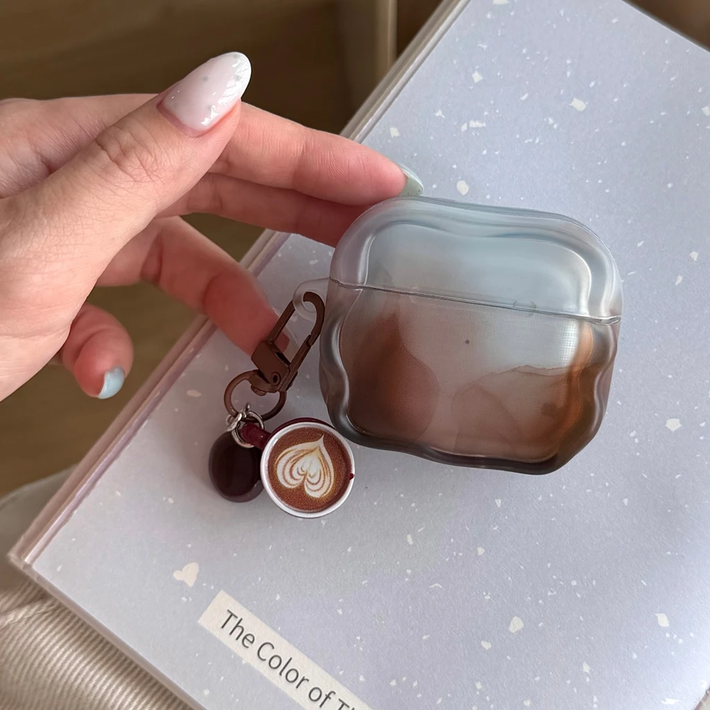 Minimalist Blue Brown Gradient Wavy Edge With Coffee Bean Cup Pendant Earphone Cover Case for AirPods 1 or 2 3 4 Pro 2 Pro 3