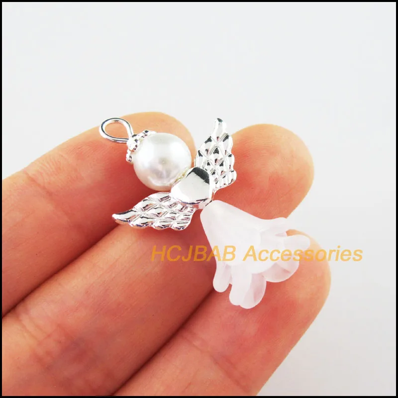10Pcs Retro Gold Silver Plated White Acrylic Angel Charms Pendants 21.5x33mm