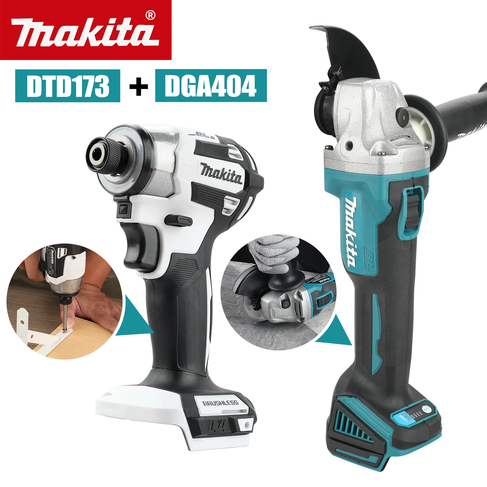 Makita DGA404 DTD173 White Impact Driver Motor Electric Drill 2 tool combination Grinder Cutting Machine Polishing Machine