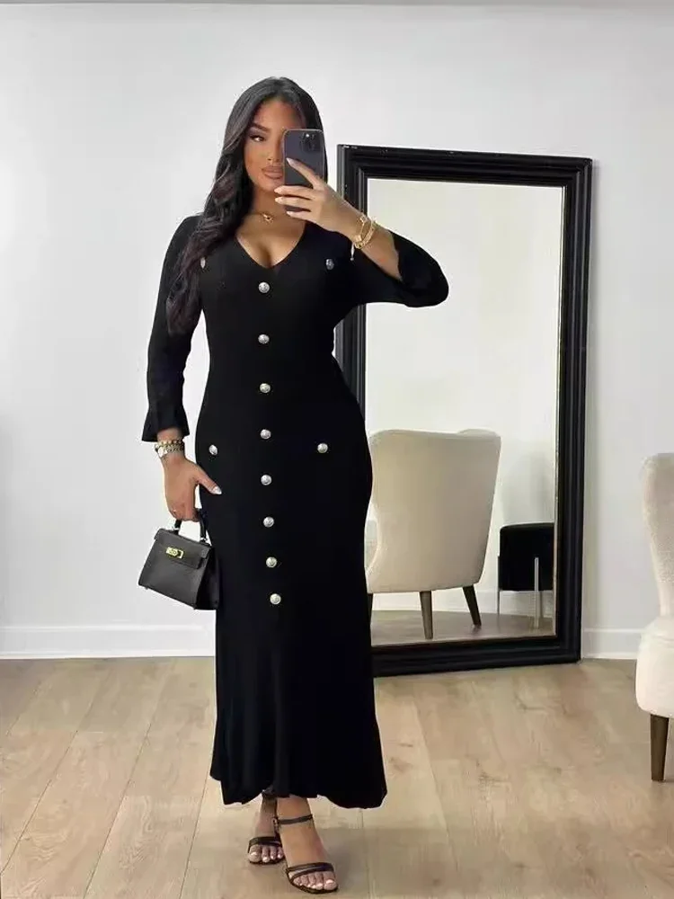 الخريف الشتاء أنيقة زرر محبوك فساتين ماكسي للنساء مثير الخامس الرقبة طويلة الأكمام زر Bodycon فستان الحفلات أبلى