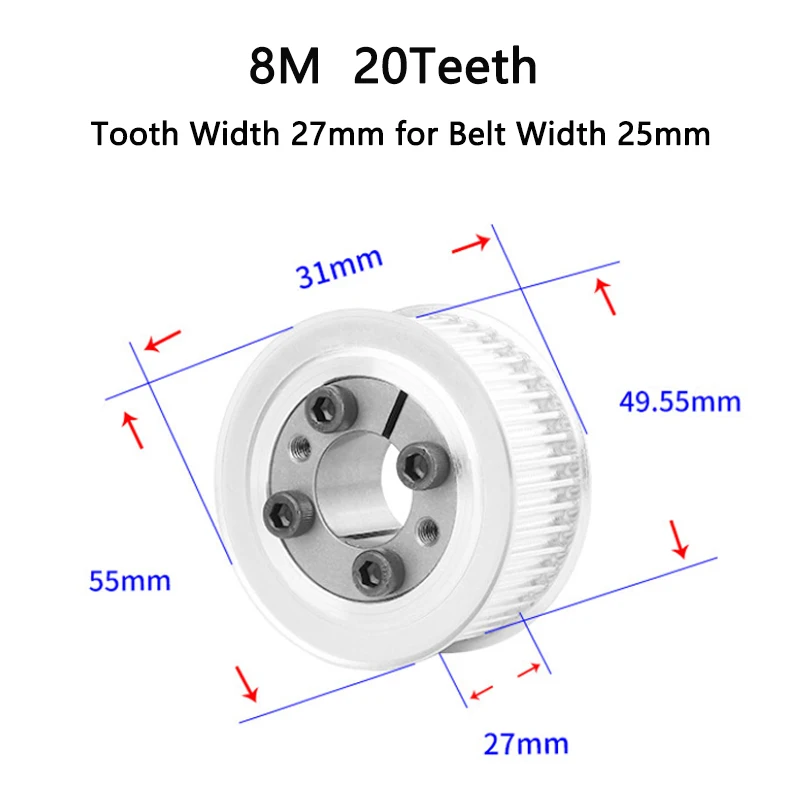 20T HTD 8M Timing Pulley 8/9/10/11/12/14/15-20mm Bore Keyless Bushing 20 Teeth Synchronous Belt Pulley For Width 25/30mm Belt