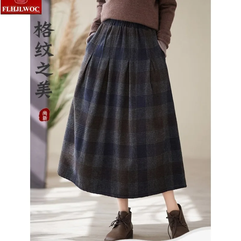 Woolen Skirts New Fashion 2026 Autumn Winter Basics Woman Cute Sweet Girls Japan Preppy Style Retro Vintage Long Plaid Skirt