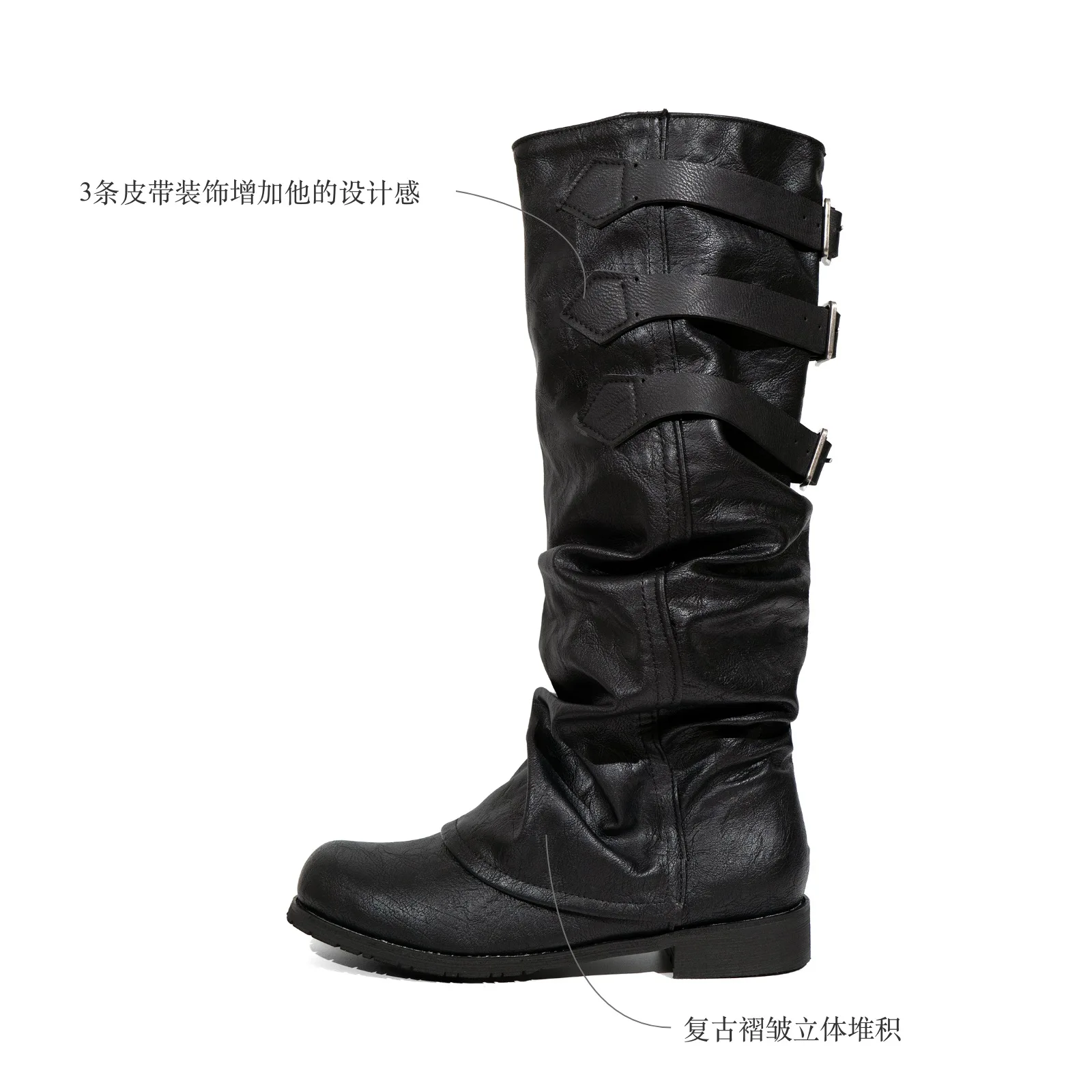 

2025 retro long tube flanged pleated stacking boots British belt buckle trouser tube boots women