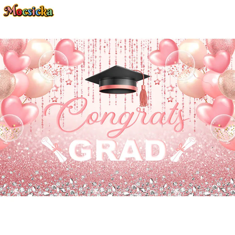 Congrats Grad Backdrop Rose Gold Congratulation Graduation Party Class Of 2024 Pink Balloon Background Prom Event Photobooth