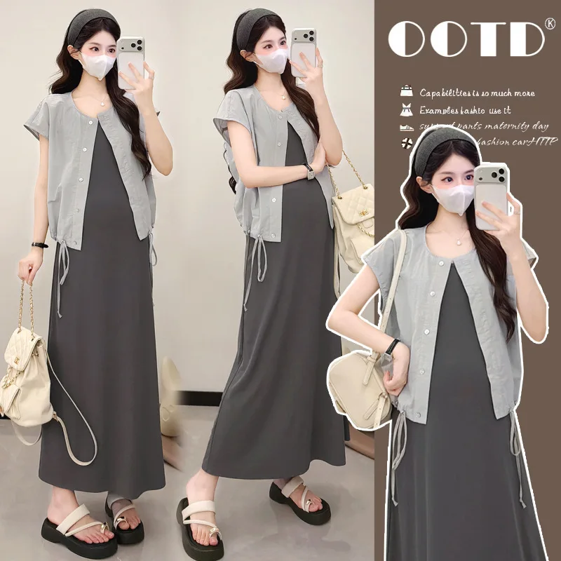 

Maternity Clothes Summer 2026 Minimalist Gray Short Sleeved Coat and Spaghetti Strap Dress for Pregnant Women Homewear