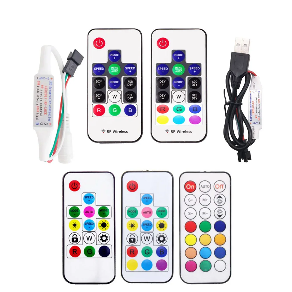 USB/DC MINI 3Keys RF 14/17/21Keys LED Pixel Strip Light Controller For WS2811 WS2812B SK6812 1903 With Remote Controller DC5-24V