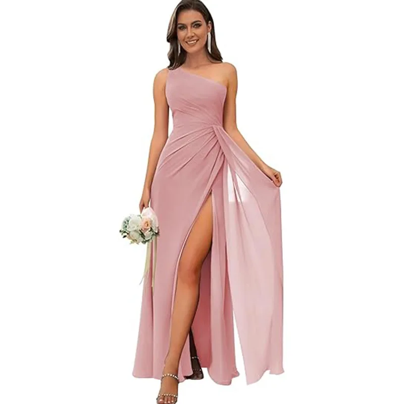 

One Shoulder Simple Slit Sheath Chiffon Draped Pleat Evening Bridesmaid Dresses Wedding Party Formal Prom Corset