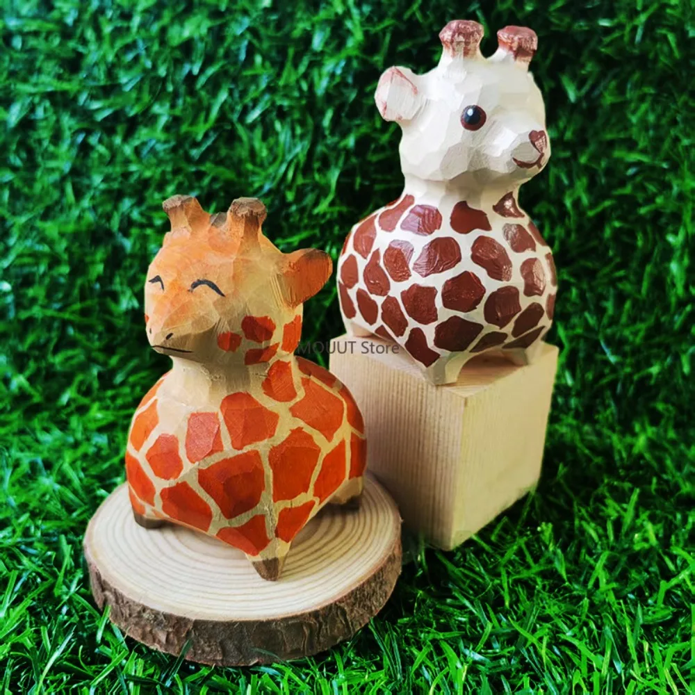Handmade Wood Carving Giraffe Tabletop Ornament Cartoon Animal Wood Cartoon Handicraft Kawaii Decor Birthday Gift for Friend