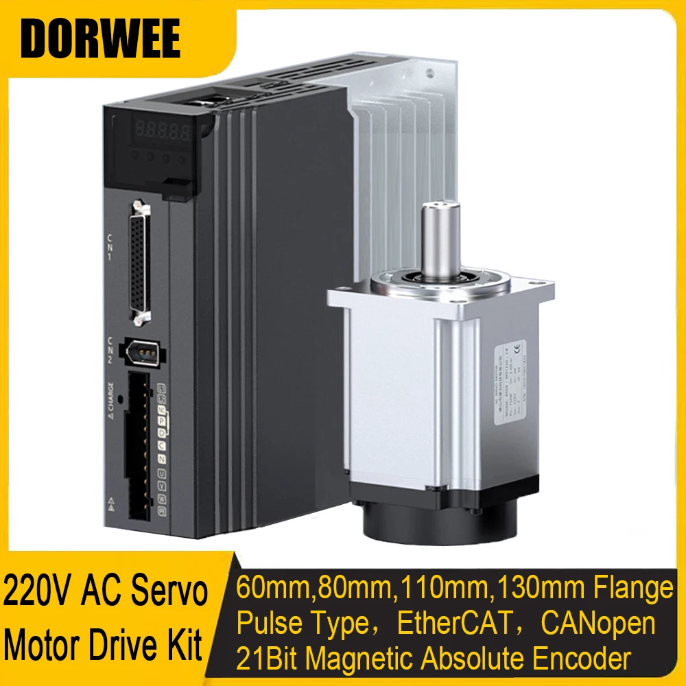 220V AC Servo Motor Kit 60 80 110 130mm flange  400W 750W 1KW 1.5KW 21Bit 23Bit Absolute Magnetic Encoder Pulse EtherCAT CANopen
