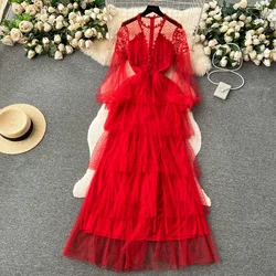 Elegant Long Sleeve Vintage O-neck Chic See Through Mesh Slim A-line Fairycore Cake Dresses Vacation High Street Autumn Clothing