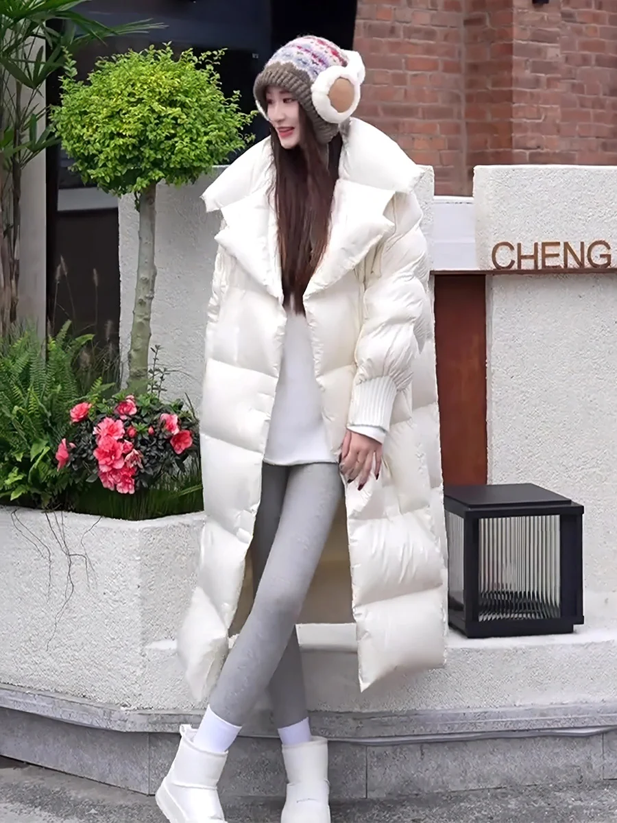 Abrigo Largo de Plumón para Mujer, Forrado, con Cuello Grande, Estilo Moderno, por Encima de la Rodilla, Color Blanco, Abrigo Cálido de Plumón