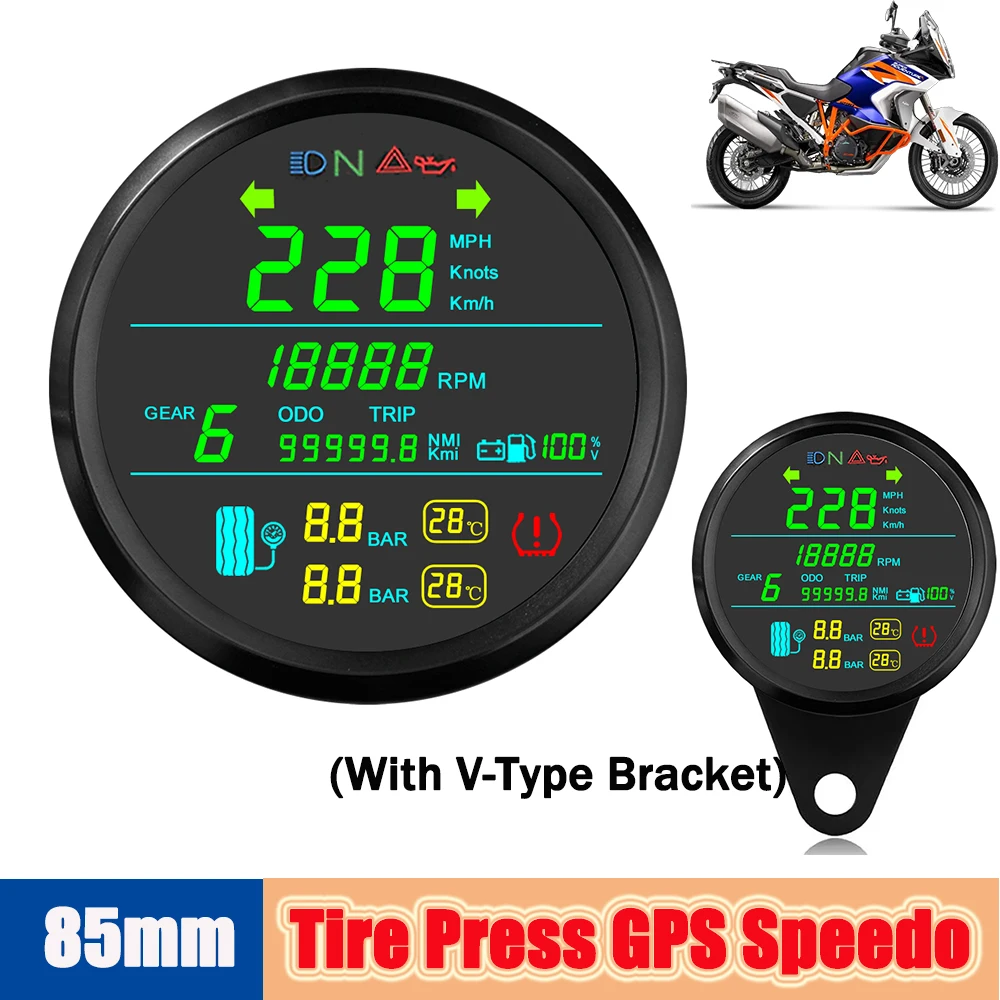 

85mm Motorbike GPS Speedometer Tachometer & Fuel Gauge 0~99999 km/h Odometer 2 In 1 Motorcycle Tire pressure Gauge with Alarm