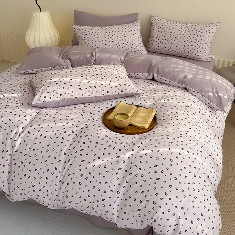 Dusty Purple Leopard Bedding Set Ins Single Queen Duvet Cover Flat Sheet Pillowcase for Girls Boys Home Textile Bed Linens