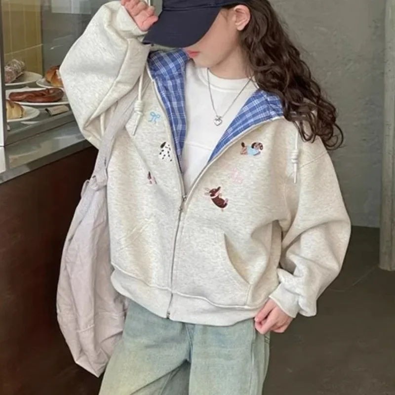 Girls' 2025 New Autumn & Spring Mid-Large Checkered Embroidered Hooded Cardigan Coat