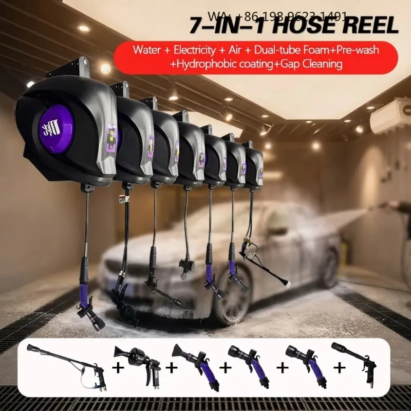 7-in-1 Retractable Car Wash Hose Reel Ceiling Mounted Multi-Function Hose Reel Set for Water,Air,ity,Foam & Detailing