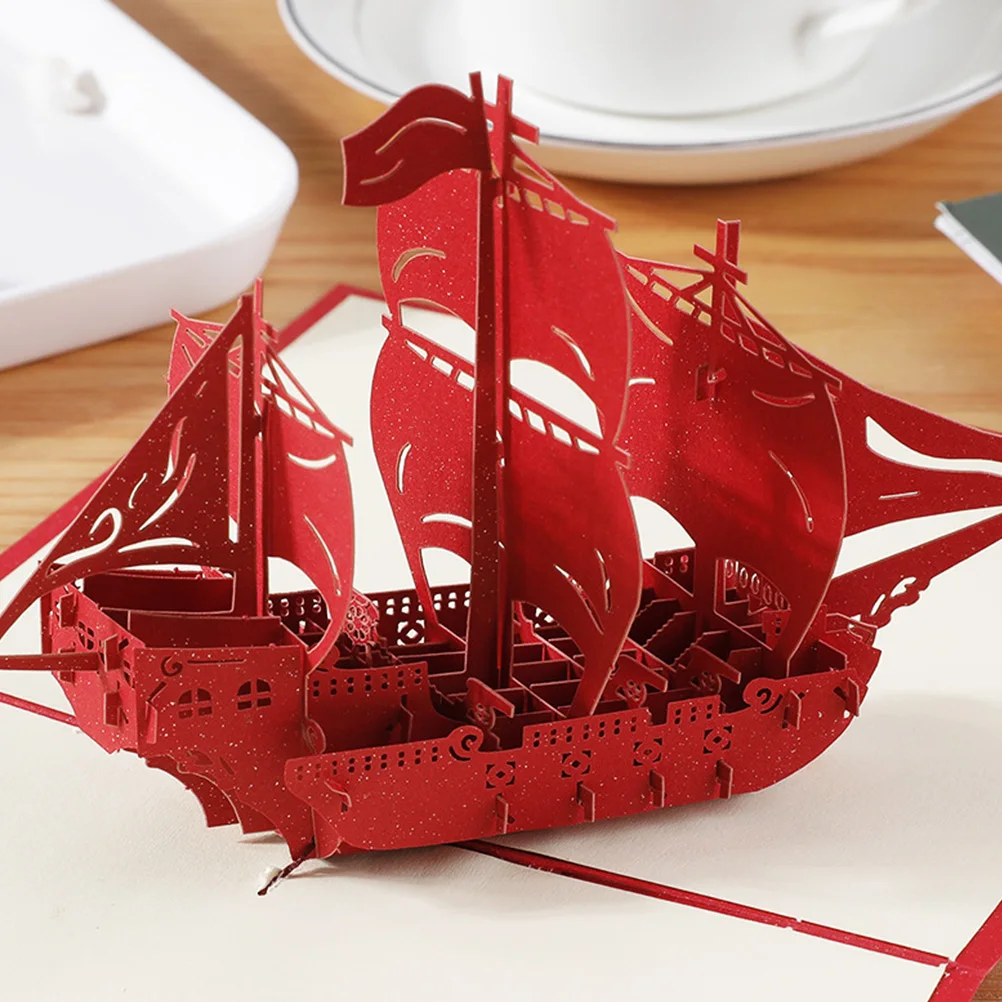 Three-dimensional Sailing Greeting Card Hollow Sailboat Cards Christmas up Paper Jam with Blessings