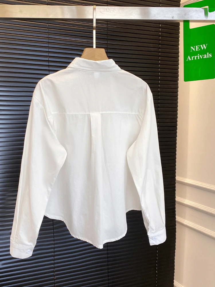 Camisa feminina azul solta de manga comprida moda chique recortado popeline camisa botões lapela gola camisas senhoras casuais topos