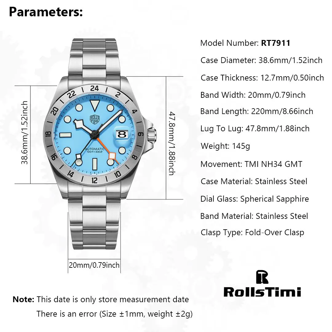 RollsTimi NH34 GMT Watch For Men Mechanical Watches Luxury Automatic Watch Man Stainless Steel AR Sapphire Waterproof Luminous