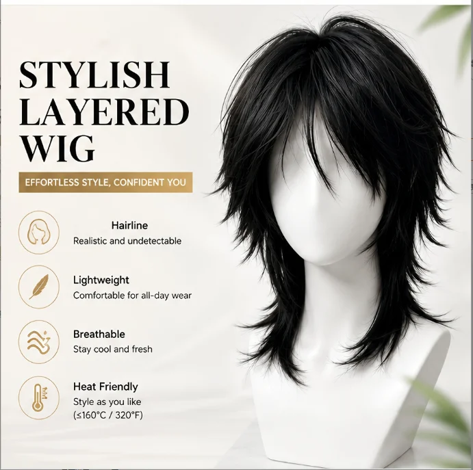 Unisex Black Mullet Wolf Cut Wig Layered Fluffy Synthetic Wig with Bangs Male Daily Cosplay Full Head Wigs